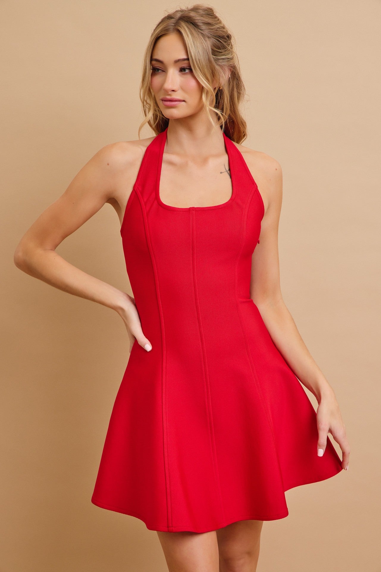 halter fit & flare bandage dress