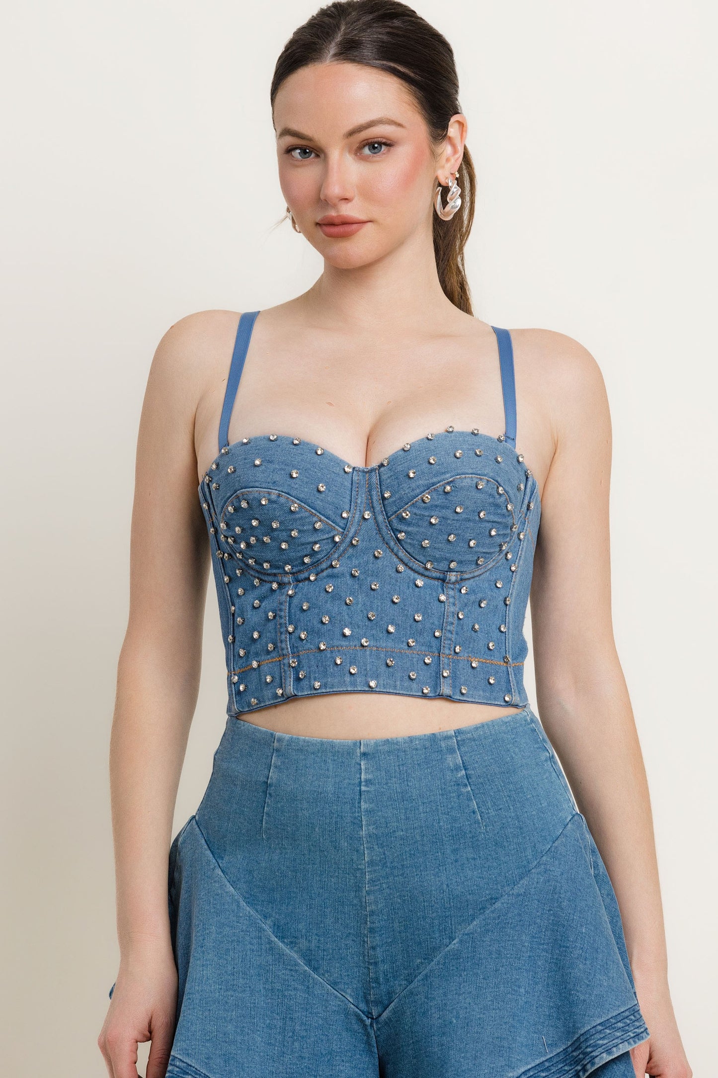 rhinestone studded denim bustier top