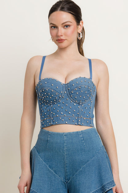 rhinestone studded denim bustier top