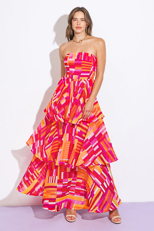 print layered strapless maxi dress