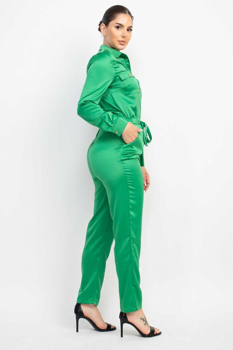 satin long sleeve button down jumpsuit - RK Collections Boutique