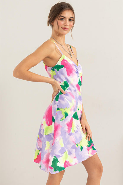 watercolor print diagonal hem sleeveless dress