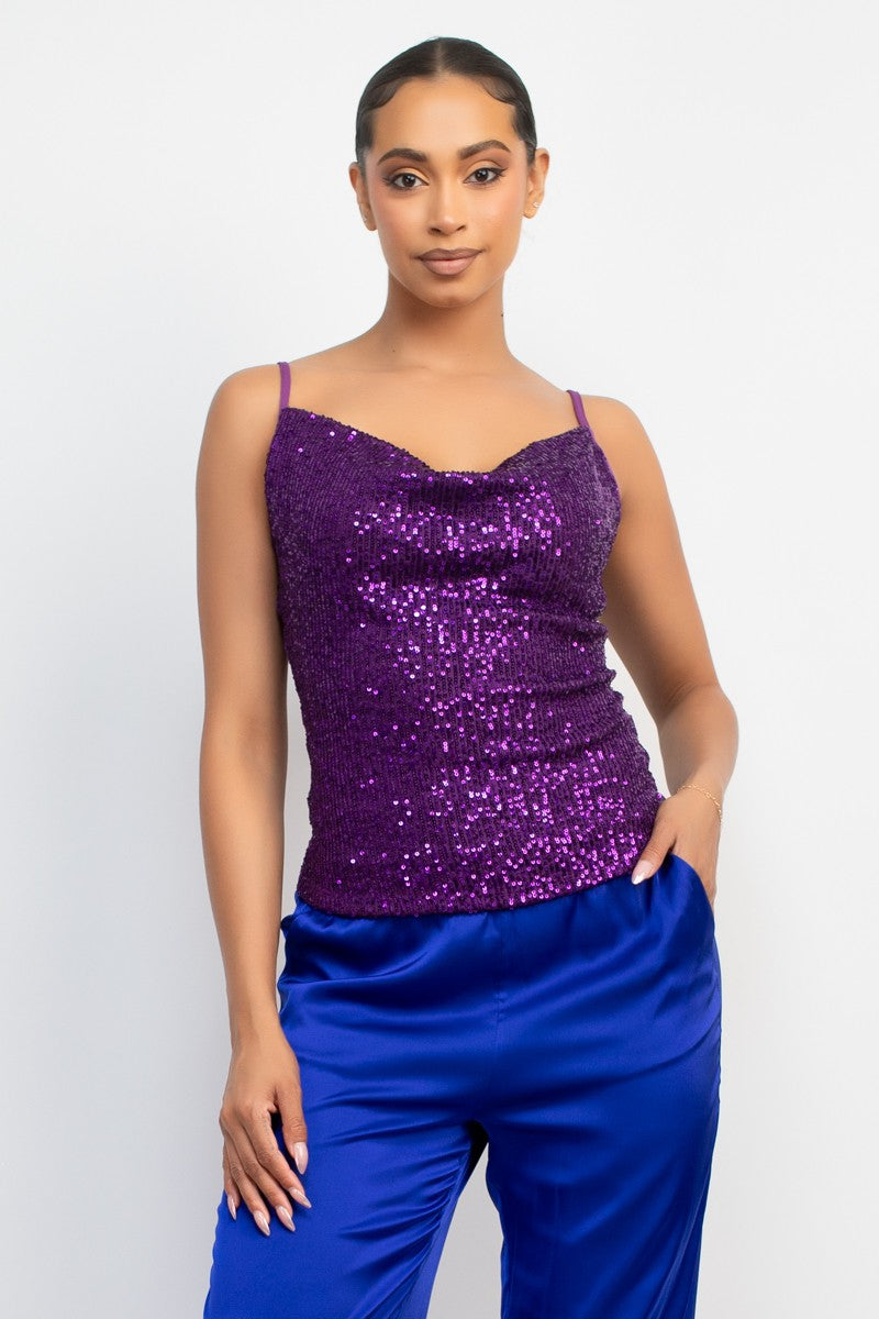 Sequin Cowl Neck Sleeveless Top