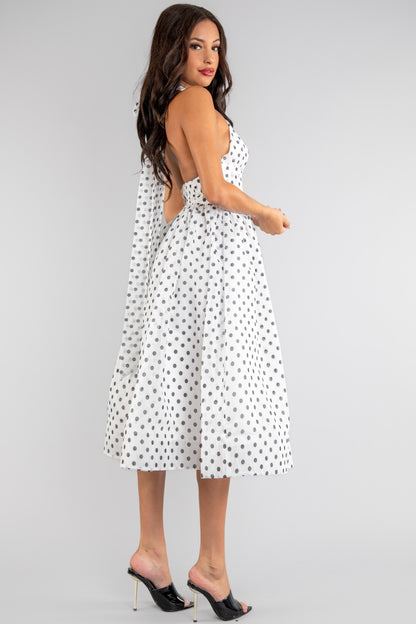 polka dot cross over halter fit & flare midi dress