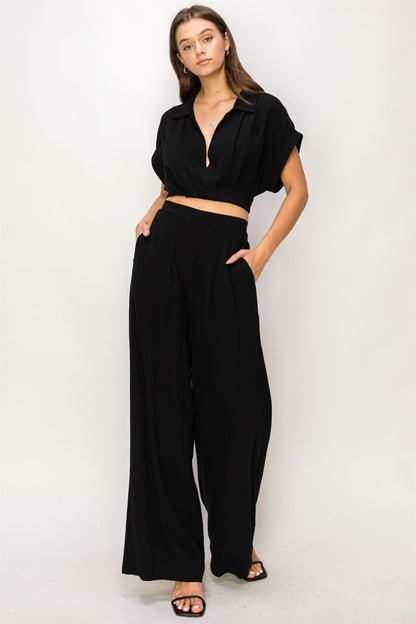 2pc set-surplice crop blouse & pleated high waist pants