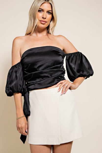 Off Shoulder Waist Tied Satin Top