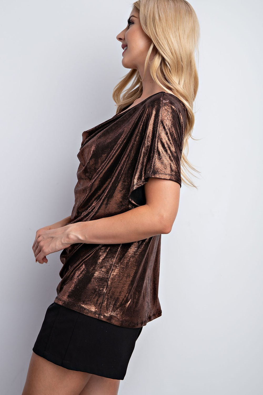 Metallic Dolman Sleeve Cowl Neck Top