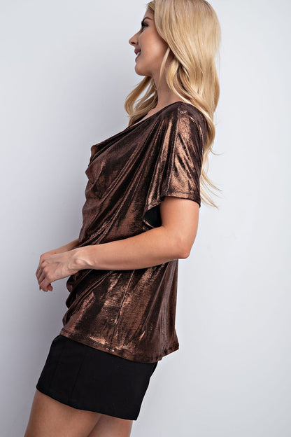 Metallic Dolman Sleeve Cowl Neck Top