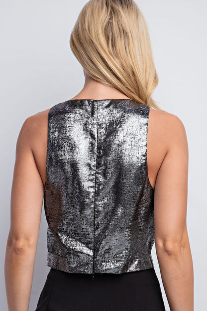 Metallic Sleeveless Cropped Cowl Neck Top