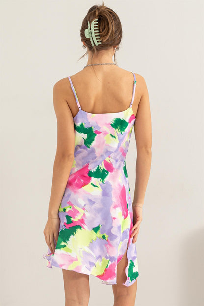 watercolor print diagonal hem sleeveless dress