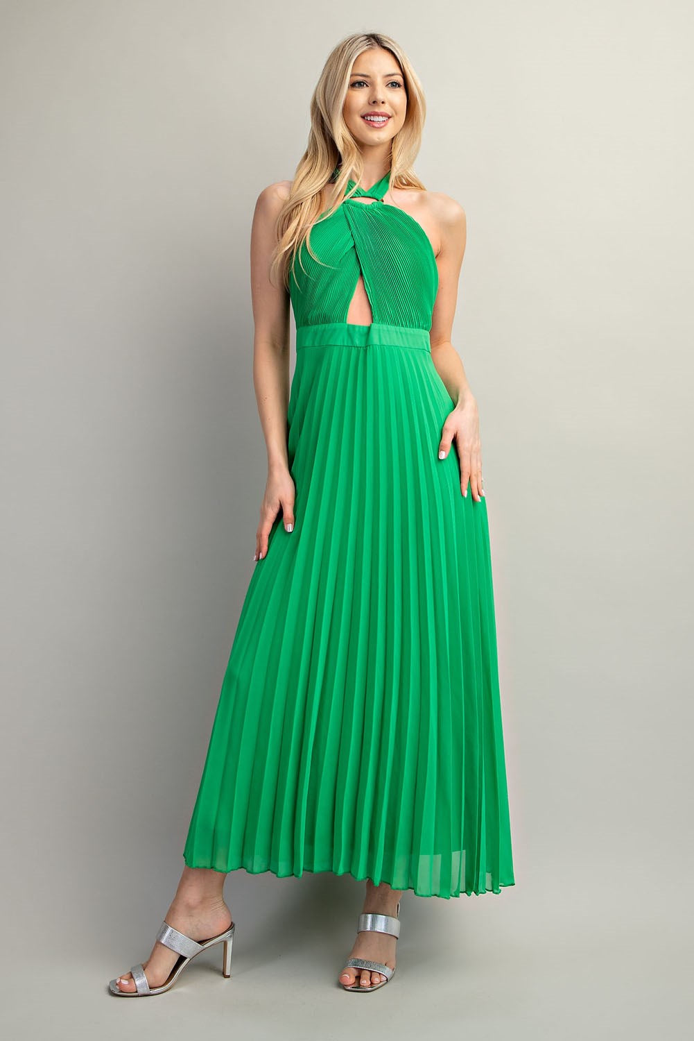 peak a boo halter pleated A-line midi dress