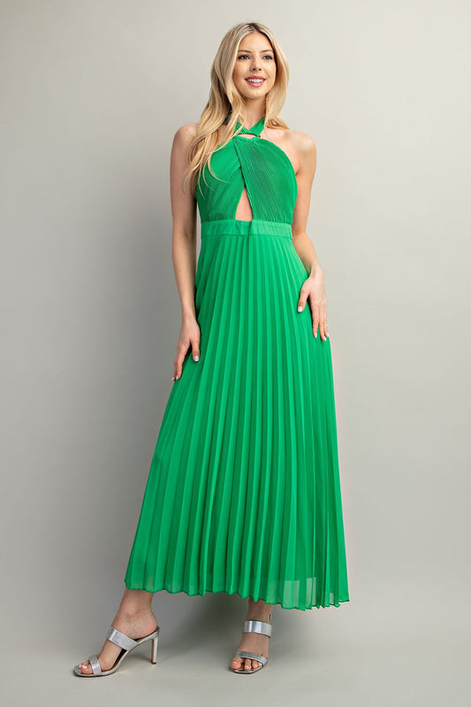 peak a boo halter pleated A-line midi dress