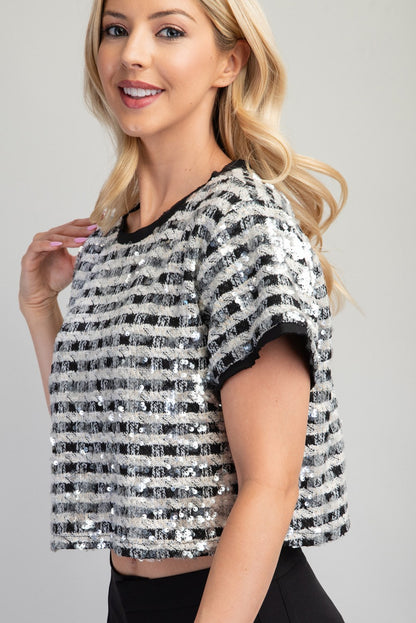 sequin tweed short sleeve crop top