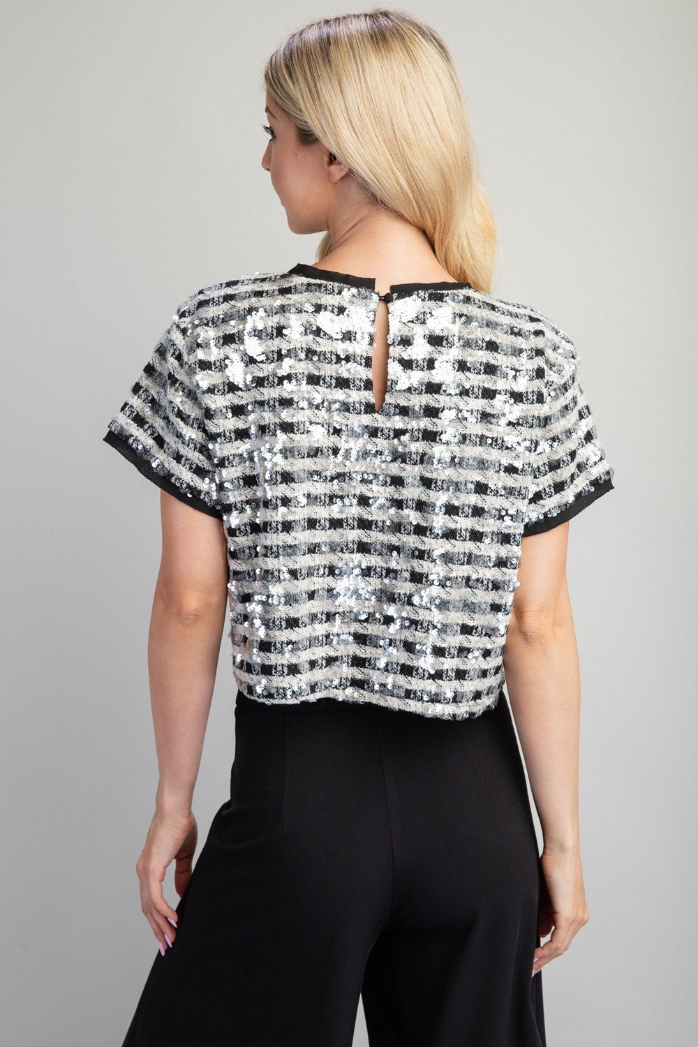 sequin tweed short sleeve crop top