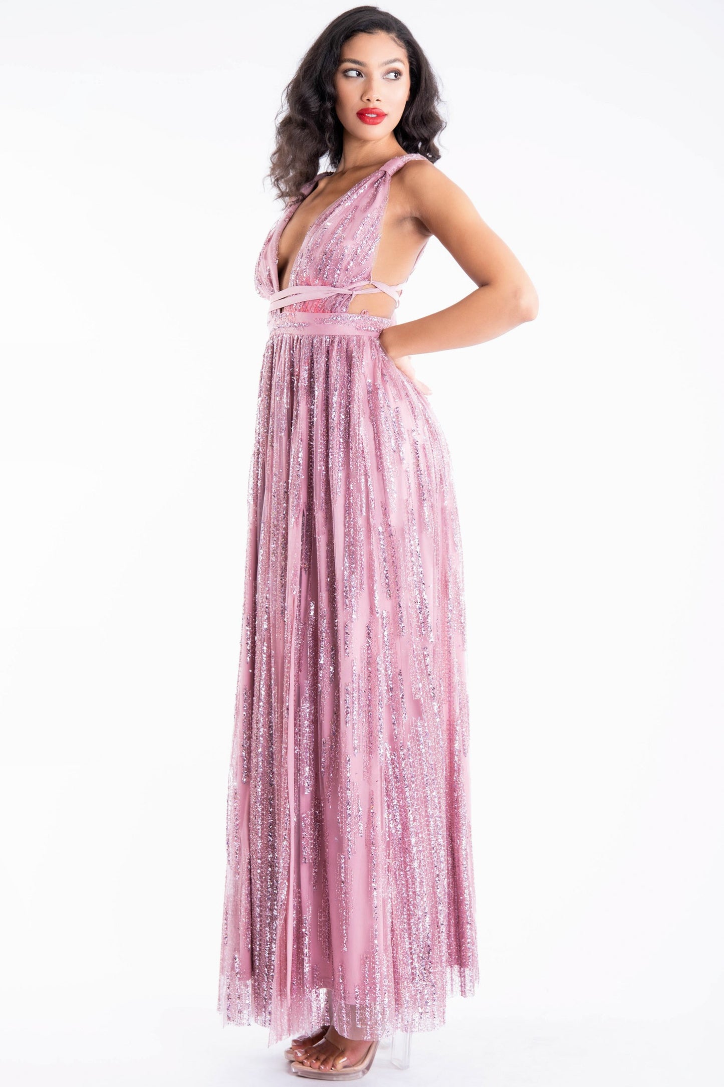 deep v neck glitter & sequin maxi dress