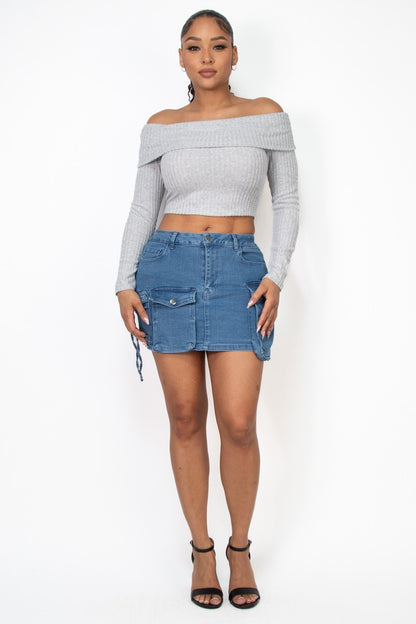 cargo denim mini skirt