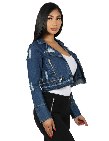 Distressed Denim Motorcycle Jacket