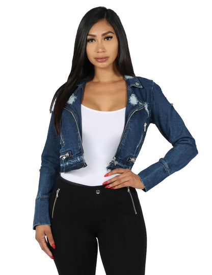 Distressed Denim Motorcycle Jacket