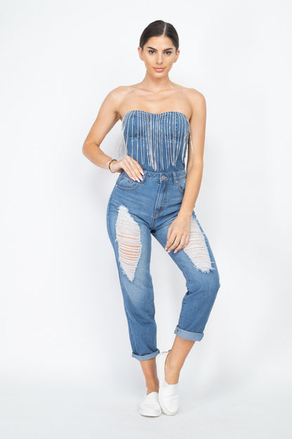 Rhinestone Fringe Strapless Denim Bodysuit