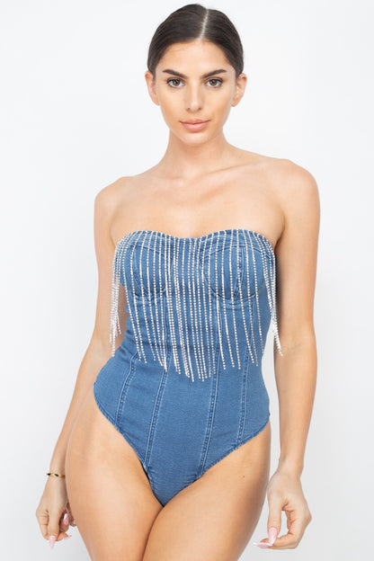 Rhinestone Fringe Strapless Denim Bodysuit