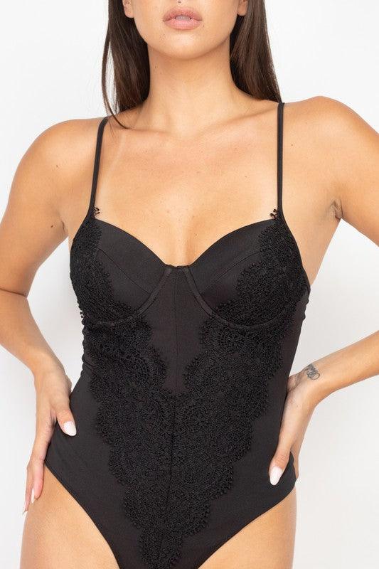 Satin Padded Bra Lace Bodysuit - RK Collections Boutique