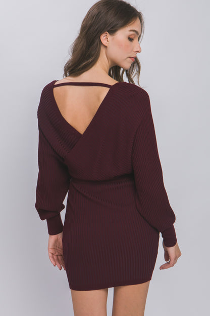 surplice wide double v neck ribbed knit dress