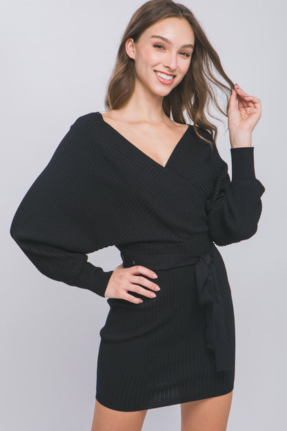 surplice wide double v neck ribbed knit dress