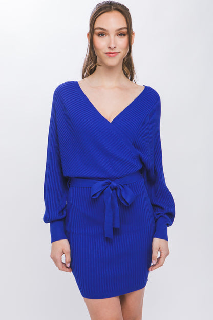 surplice wide double v neck ribbed knit dress