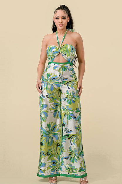 printed cutout satin halter jumpsuit