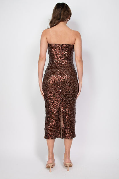 sequin strapless midi dress