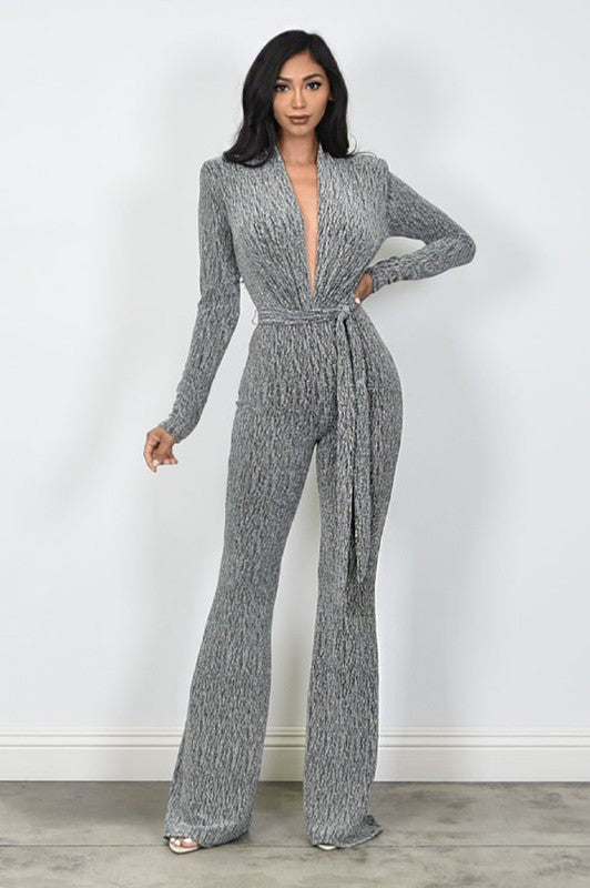 deep v-neck long sleeve flare leg jumpsuit