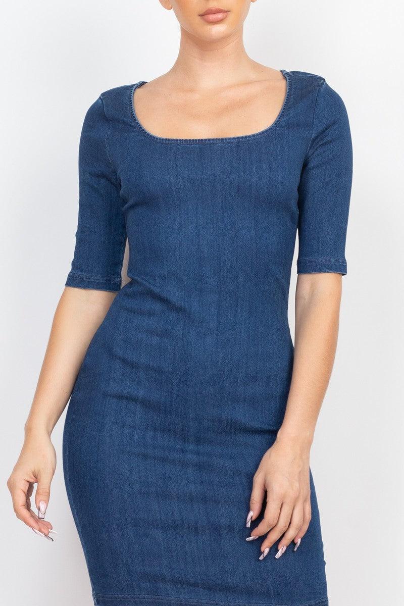 3/4 sleeve square neck denim dress - RK Collections Boutique