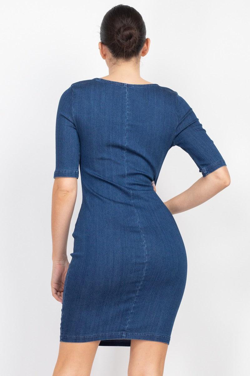 3/4 sleeve square neck denim dress - RK Collections Boutique