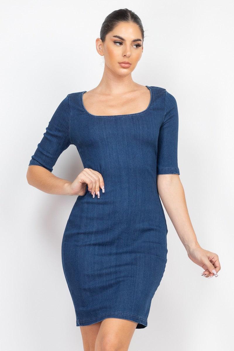 3/4 sleeve square neck denim dress - RK Collections Boutique