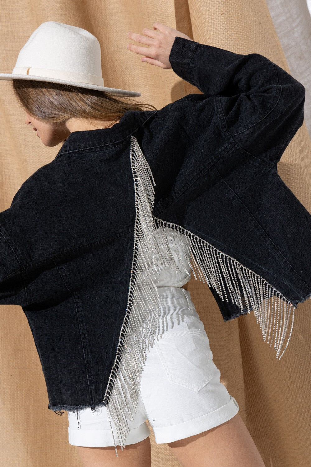 Rhinestone Fringe Split Back Denim Jacket