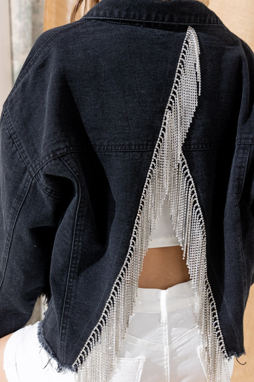 Rhinestone Fringe Split Back Denim Jacket