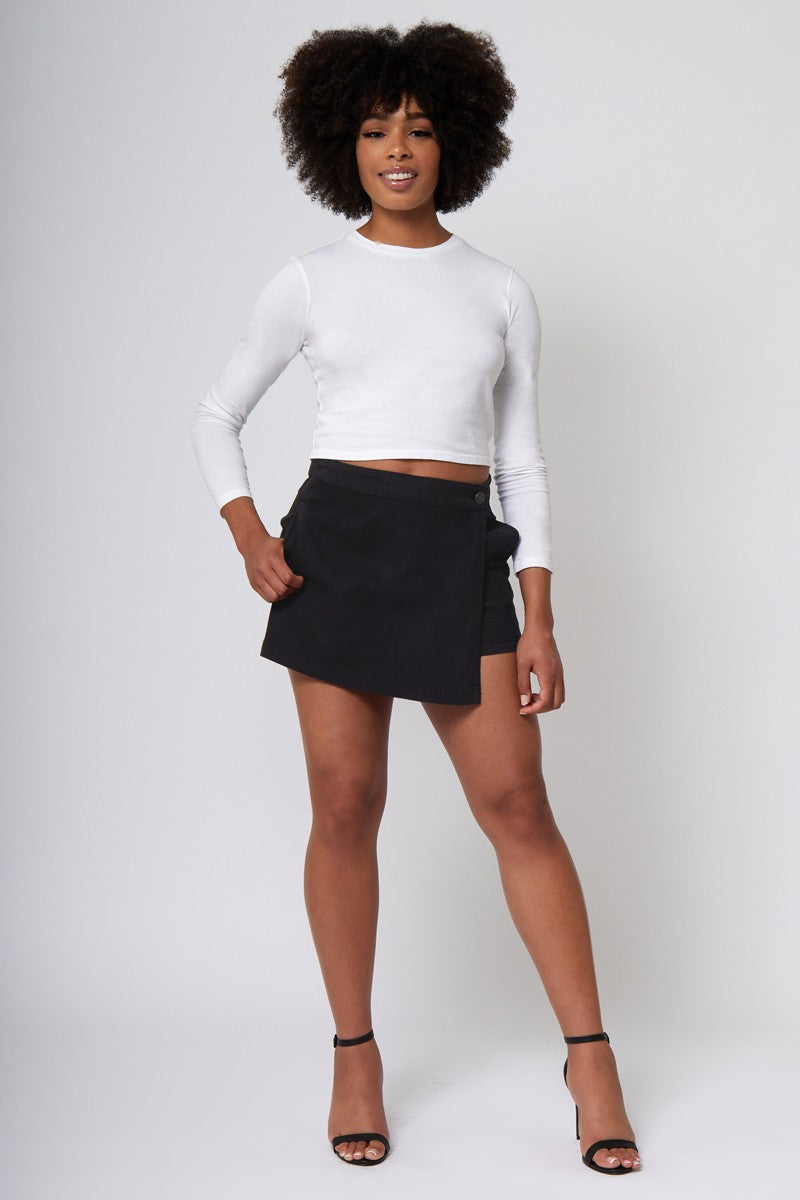 stretch denim wrap front skort