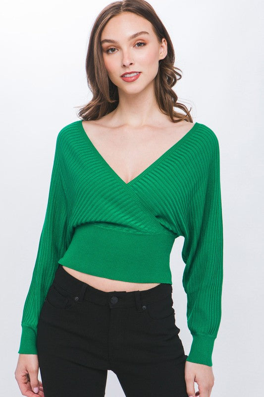 Surplice Neckline Ribbed Knit Top