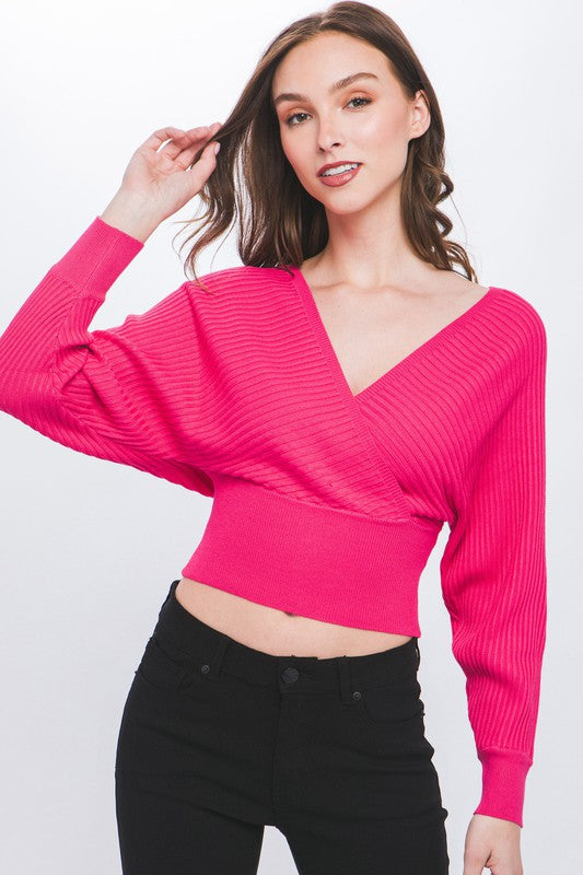 Surplice Neckline Ribbed Knit Top