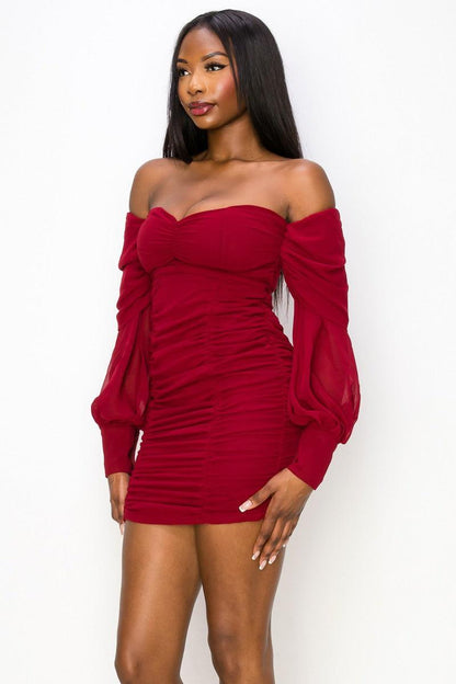 chiffon off the shoulder ruched mini dress - RK Collections Boutique