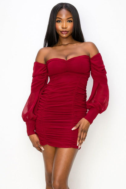 chiffon off the shoulder ruched mini dress - RK Collections Boutique