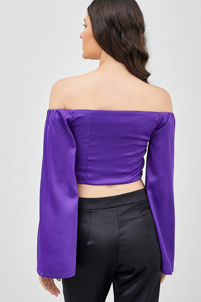 satin off the shoulder bell sleeve top - RK Collections Boutique