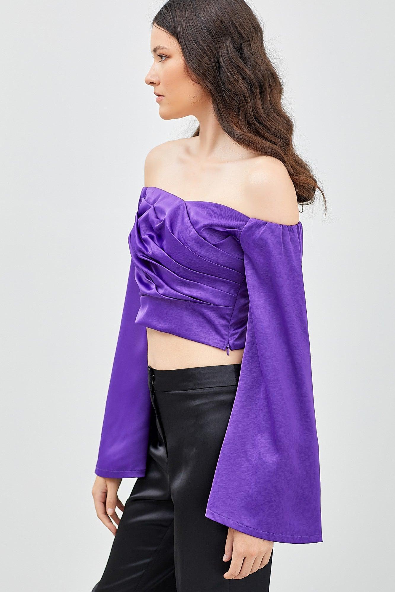 satin off the shoulder bell sleeve top - RK Collections Boutique