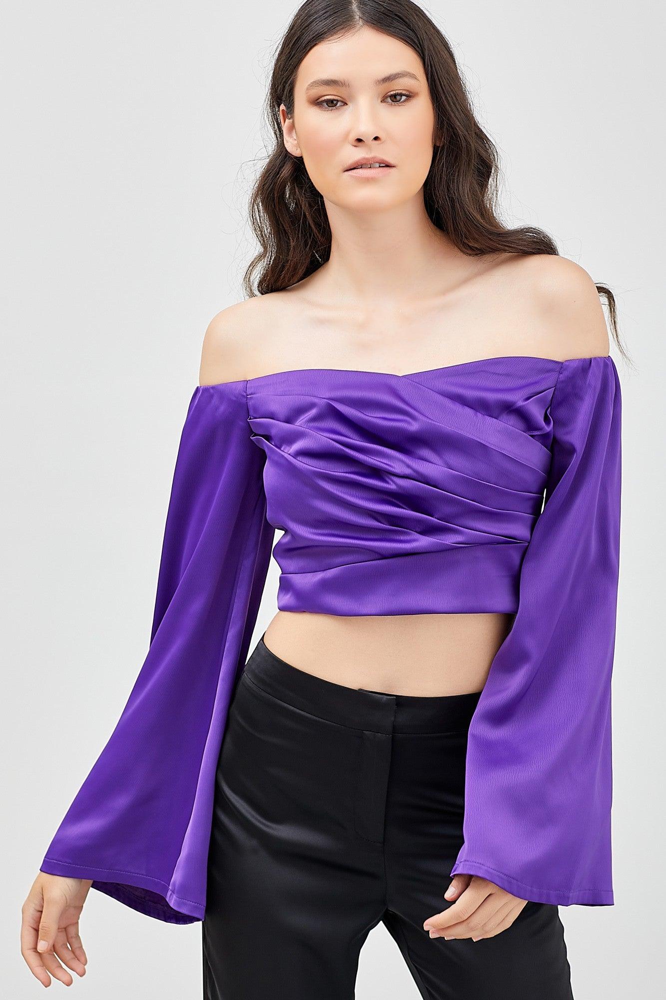 satin off the shoulder bell sleeve top - RK Collections Boutique