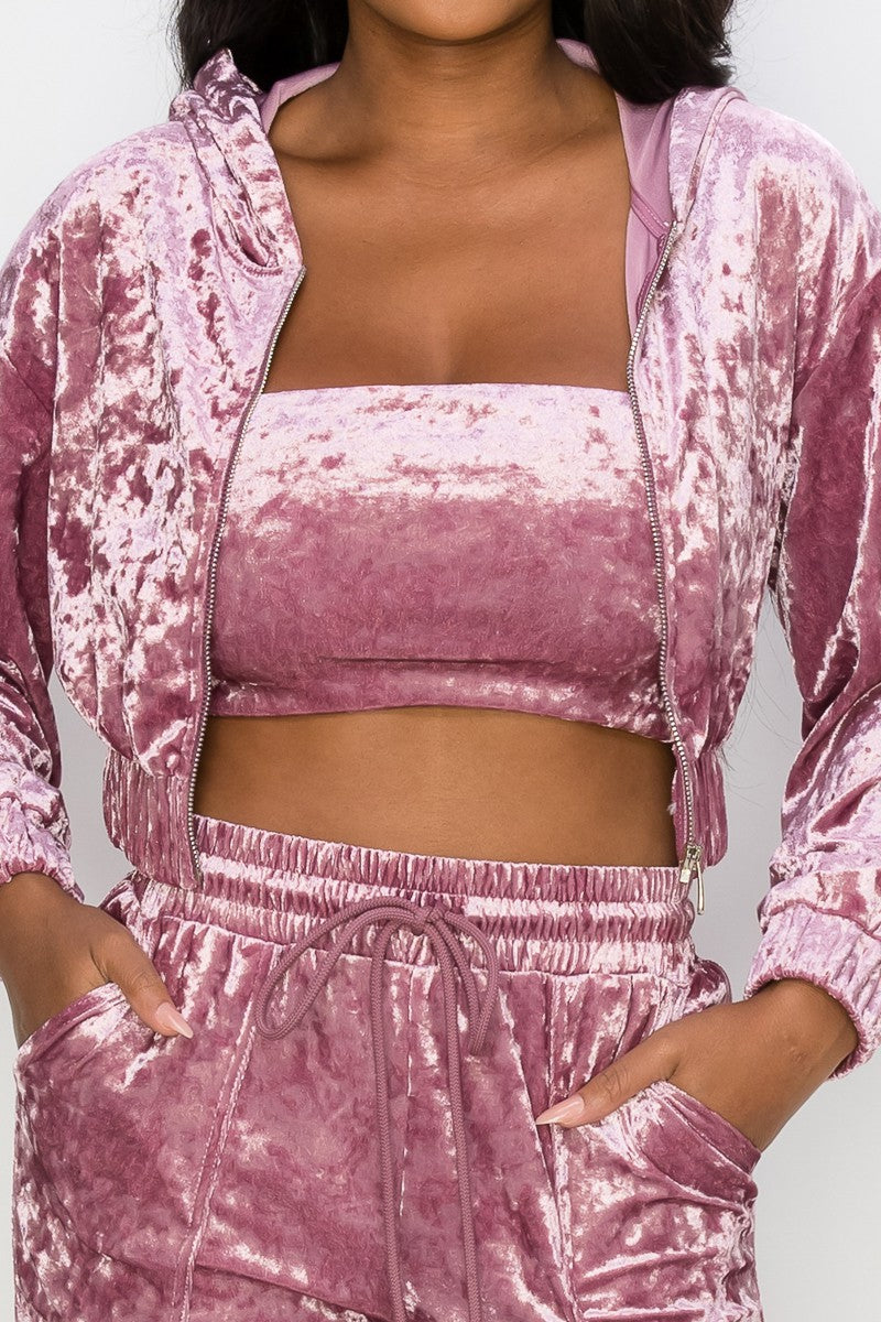 3pc set- crinkle velvet bandeau, jacket, joggers