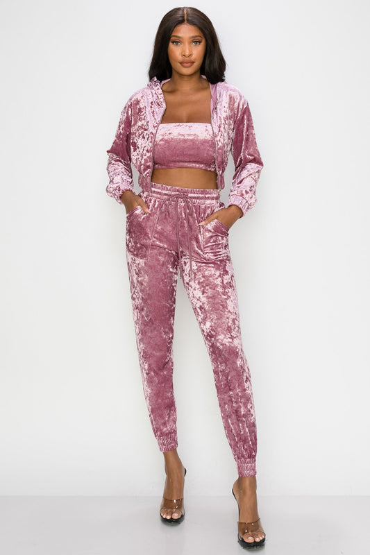 3pc set- crinkle velvet bandeau, jacket, joggers