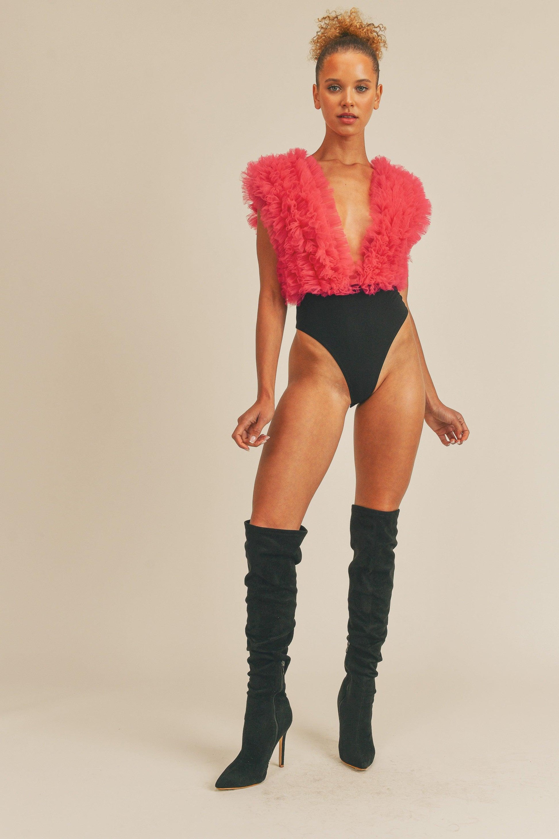 plunging v ruffle tulle bodysuit - RK Collections Boutique