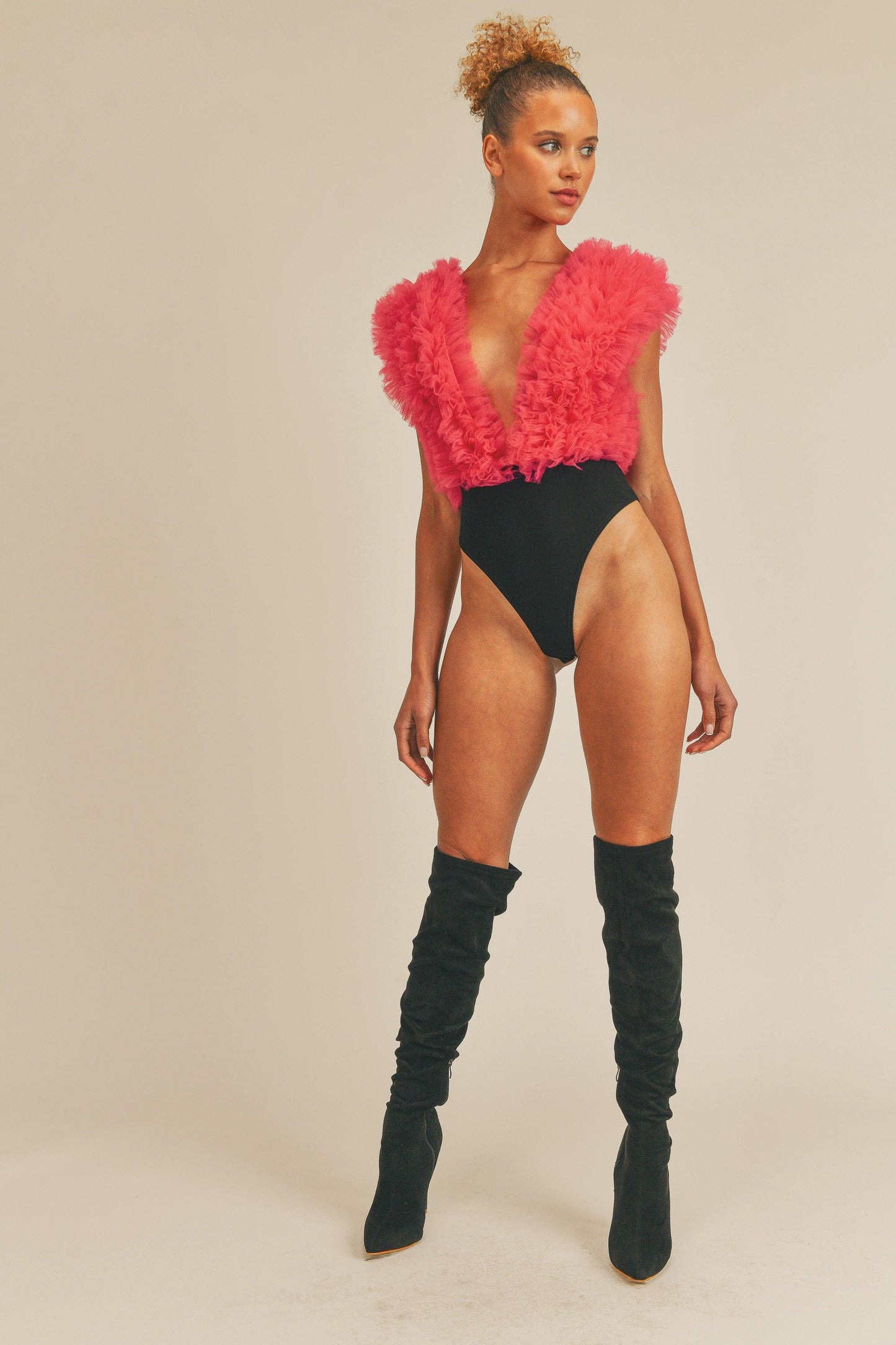 plunging v ruffle tulle bodysuit - RK Collections Boutique