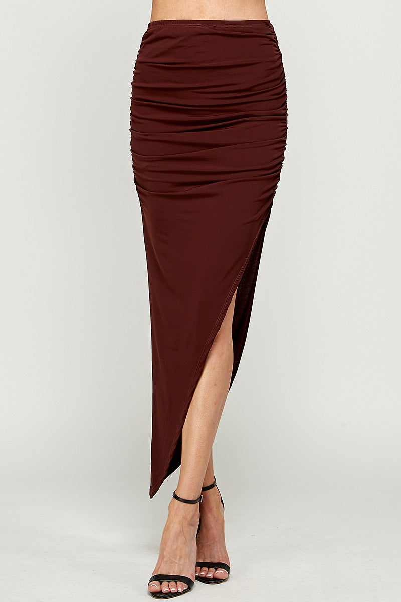 ruched diagonal hem maxi skirt