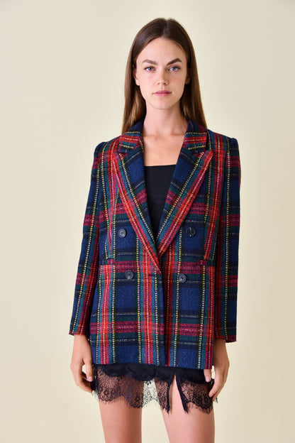 tweed double breasted tartan blazer